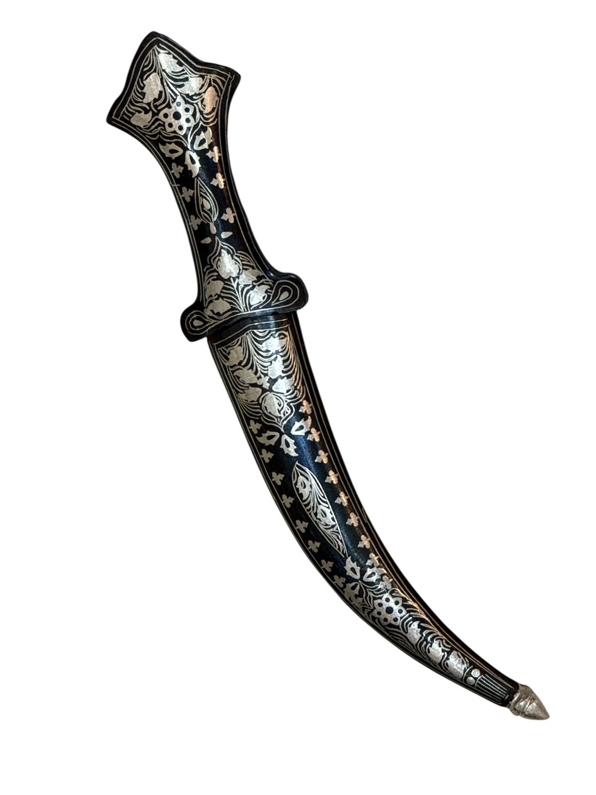 Indo Persian Silver Kofthgiri Work Unsharp Damascus Steel Blade Sikh Kripan 9”