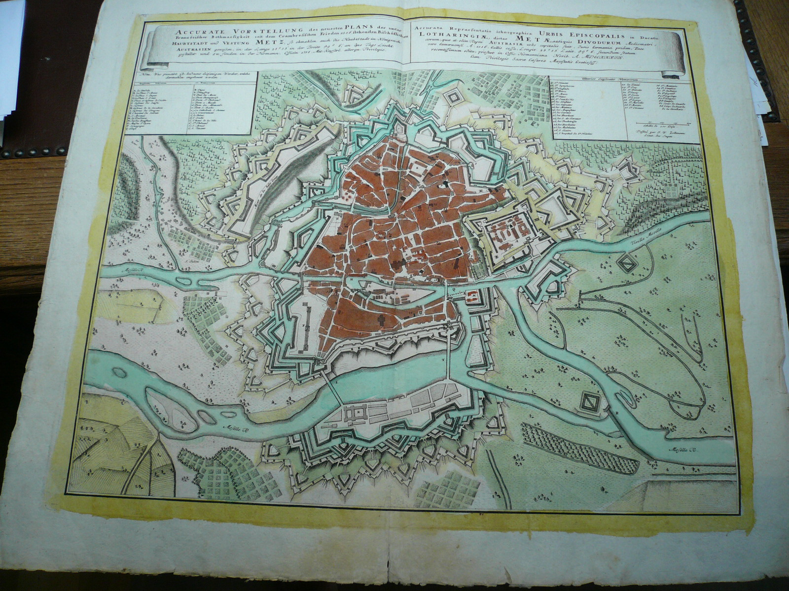 Metz, Birds-eye-view, Homann anno 1738, old colours Copperengraving,