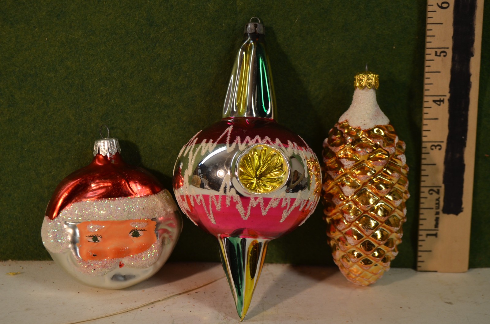 3 glass Christmas ornaments, 2 are marked Poland, mid 20 th century