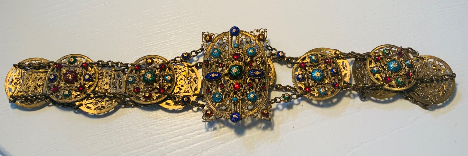 STUNNING! EXTREMELY ORNATE Antique BRASS*JEWELED*ENAMEL*FRENCH*Vanity CHATELAINE
