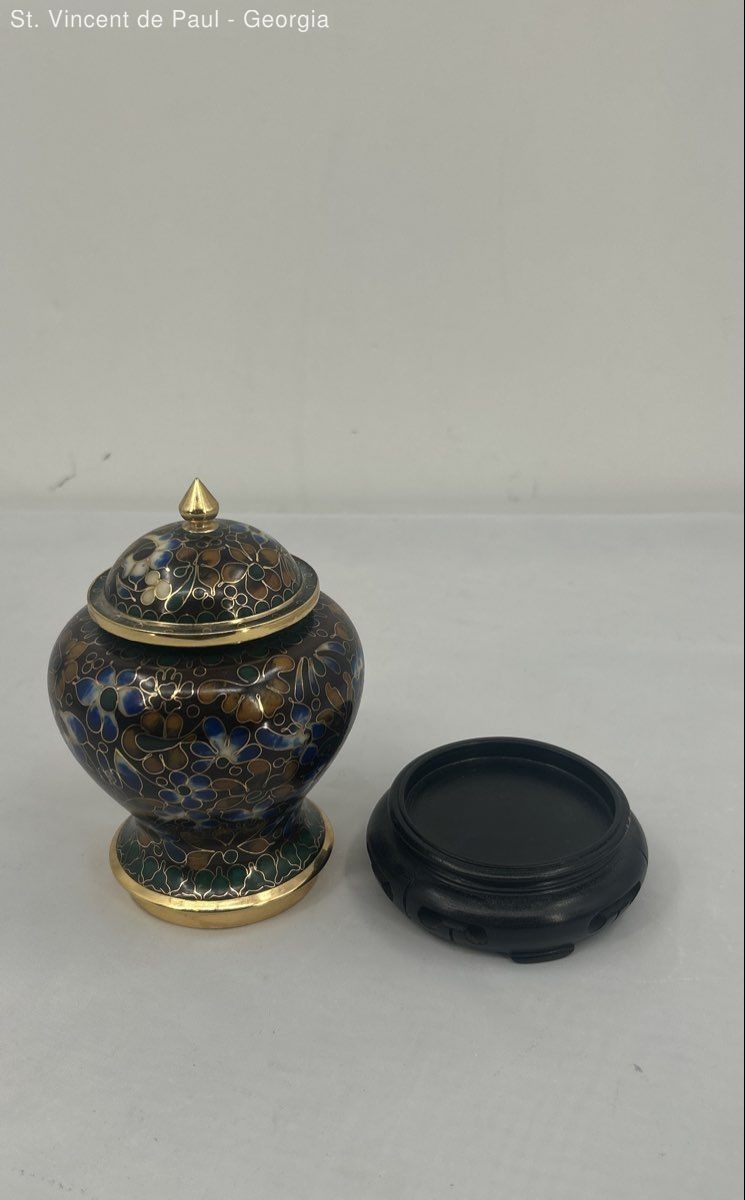 Antique Hand Painted Enamel Cloisonne Keepsake Urn W Lid & Base Large 3.75″ x 7″