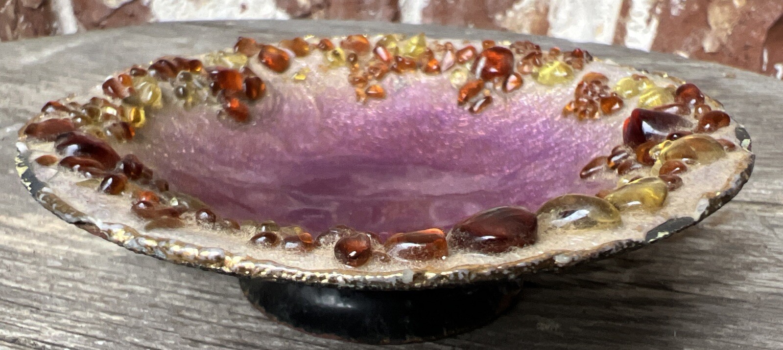 Antique 4” Epoxy Laquer Dish FRANCE Glass Chips One-of-a-Kind Signed P. Wagner