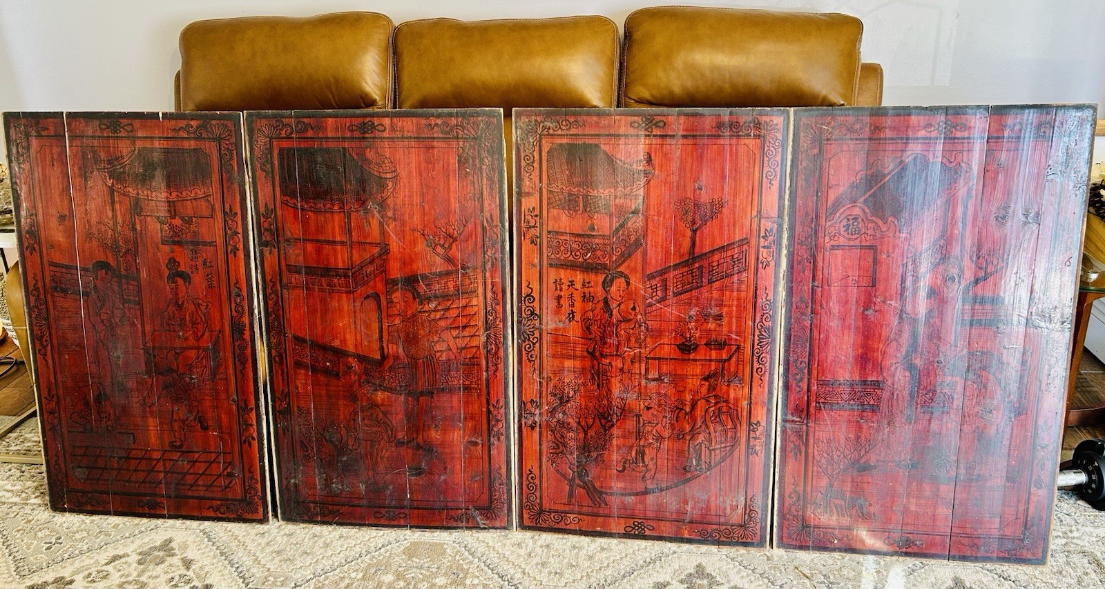 1850s 4 Chinese Paintings On Wood Panels 38”x22” Genre Scenes Unframed As Is