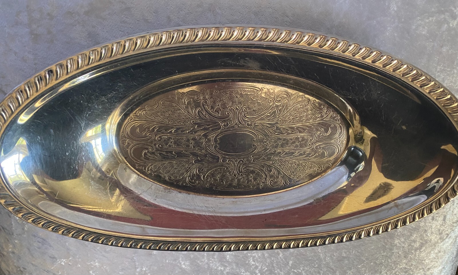 Crosby Silver Plated Oval Bread Tray Etched Pattern 12 1/2″