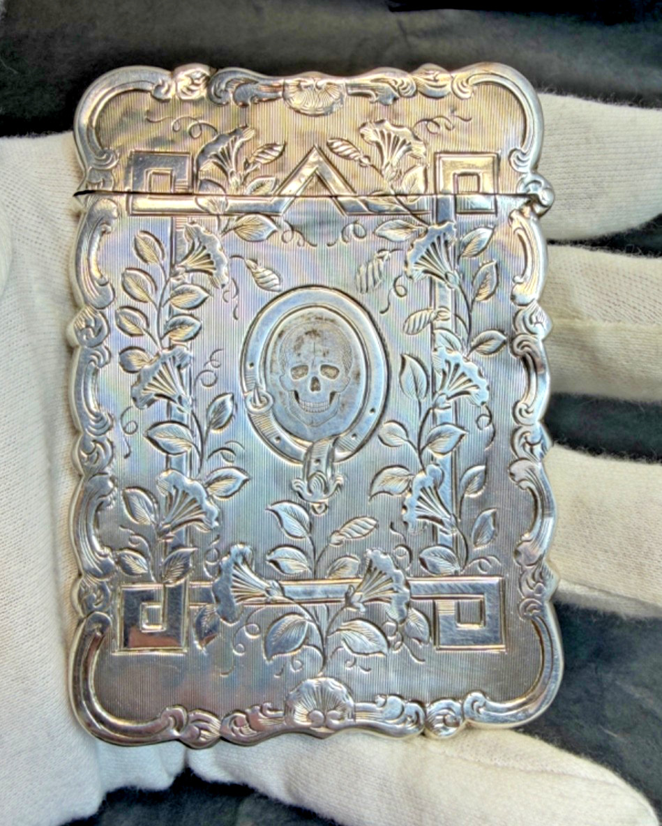 1869 Victorian Memento Mori Skull Pocket Business Card Case Box Engraving Vine