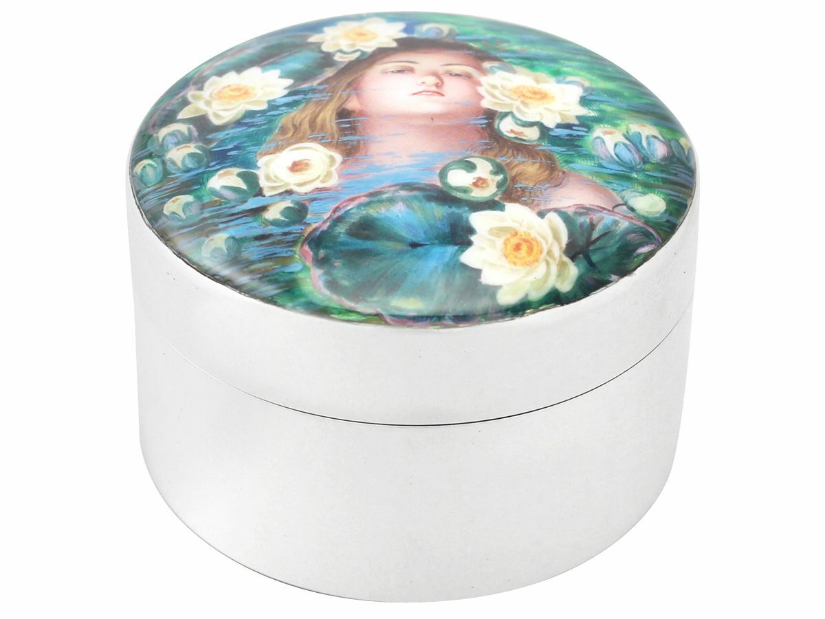 Antique Edwardian Sterling Silver and Enamel Box, Art Nouveau Style