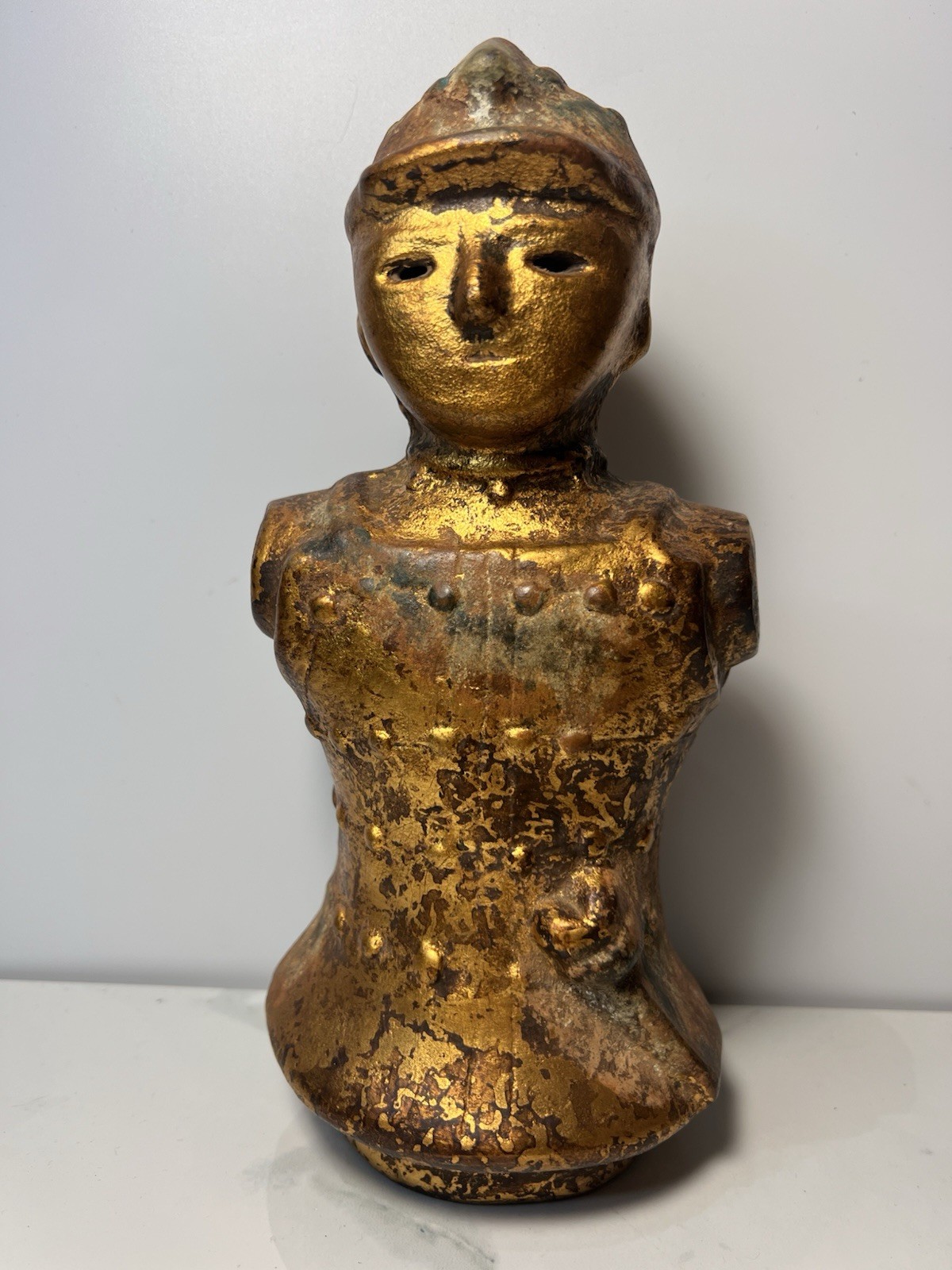 VTG Asian Dogu Warrior Statue Heavy Cast Metal Gold Bronze Color