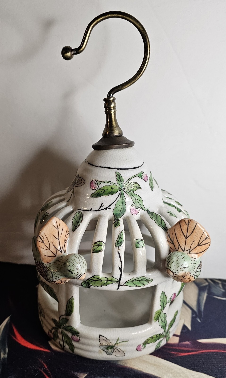 Vintage Chinese Bird House Porcelain Hanging Pottery Birds 10″ Hand Painted