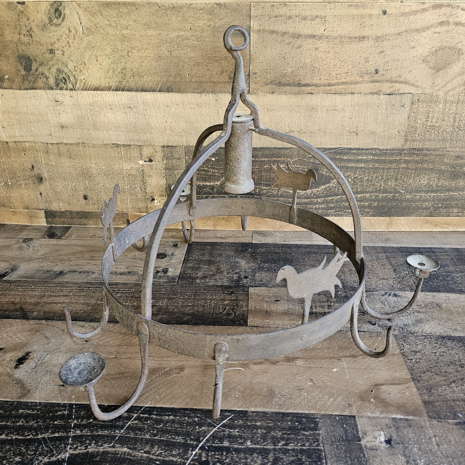 Primitive Wrought Iron Farmhouse Pot Rack Chandelier