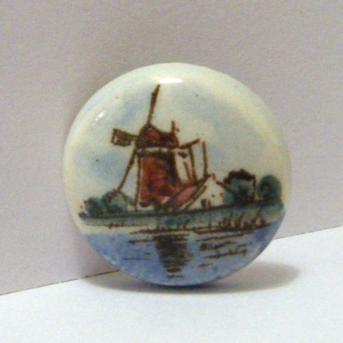 Vtg Button Ceramic Delft Brown Windmill hand painted with metal shank 6/8″diam