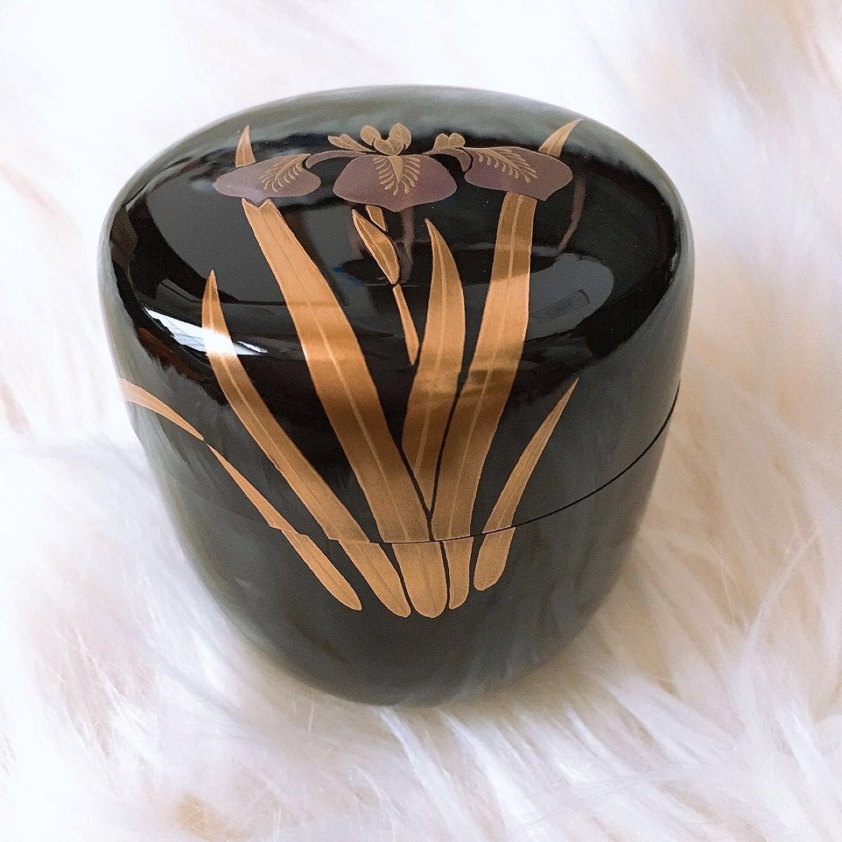 Japanese Tea Ceremony Natsume Tea CaddyBlack Lacquer Iris Maki-e Box