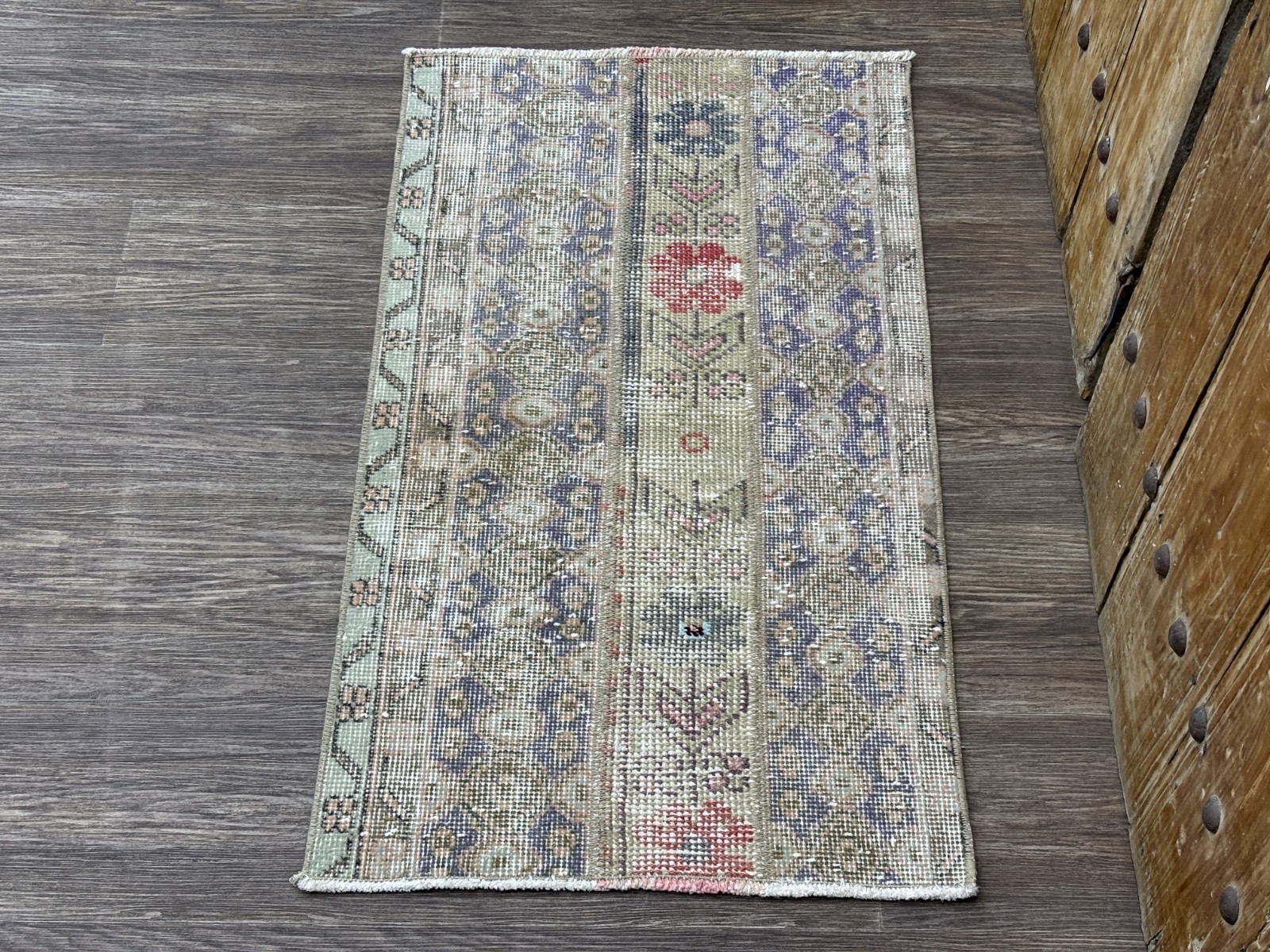 2×3 Hand-Knotted Blue Green Turkish Small Rug, Vintage Wool Patchwork Door Mat