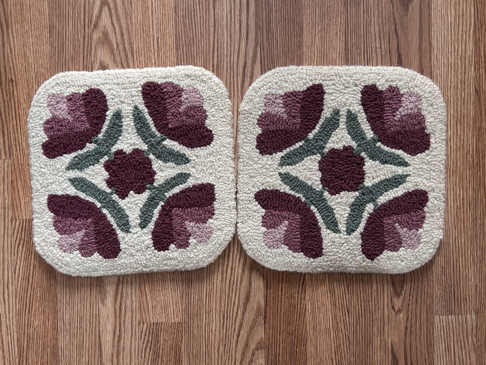 Vintage Lambs Wool Carpet Rug Squares 12″x 12″ Floral Ivory Pink Set of 2