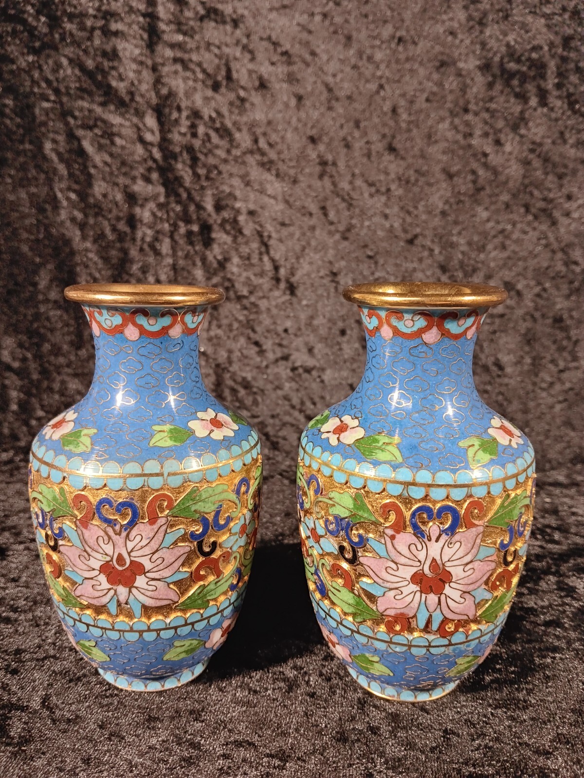 A Pair Of Vintage Blue Chinese Cloisonne Vases 6 Inches Tall