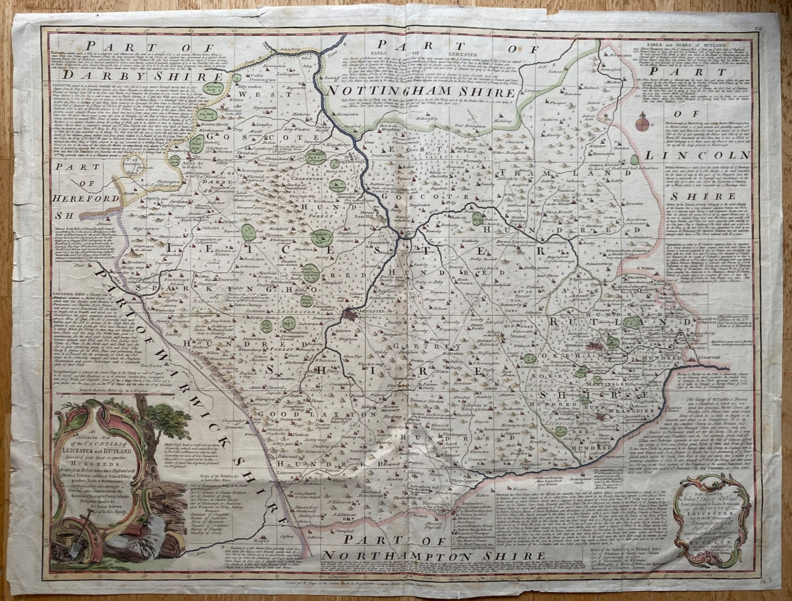 1756 Antique large map: Leicestershire & Rutlandshire by Emanuel Bowen