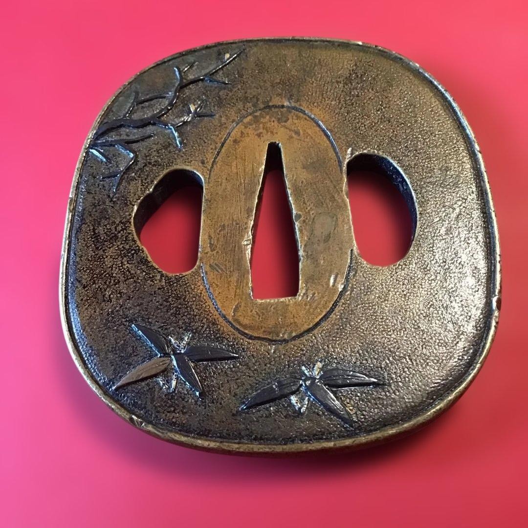 Copper Tsuba Owl Design Silver High Relief Inlay Box 67mm