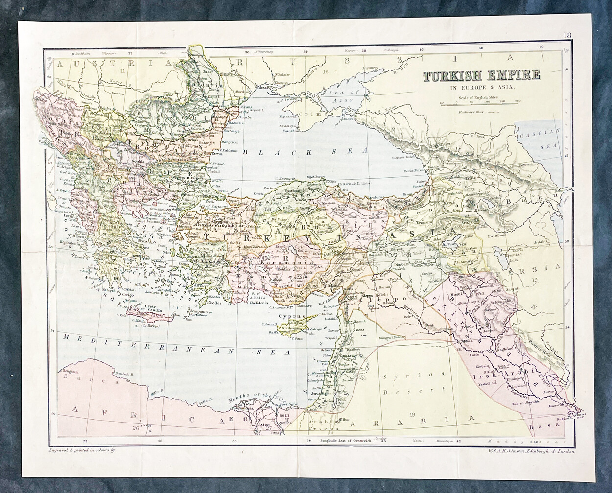 1870 W & AK Johnston Antique Map The Ottoman Empire from Moldova to Saudi Arabia