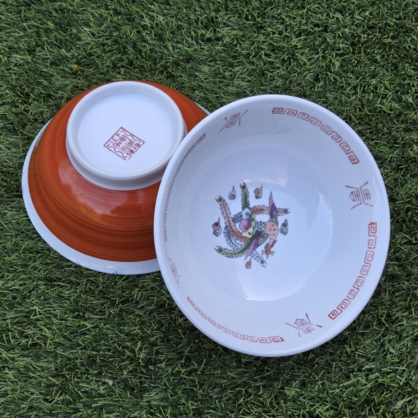 Vintage Chinese Dragon Phoenix Porcelain Bowls x2 Red Gold Chinoiserie 21cm
