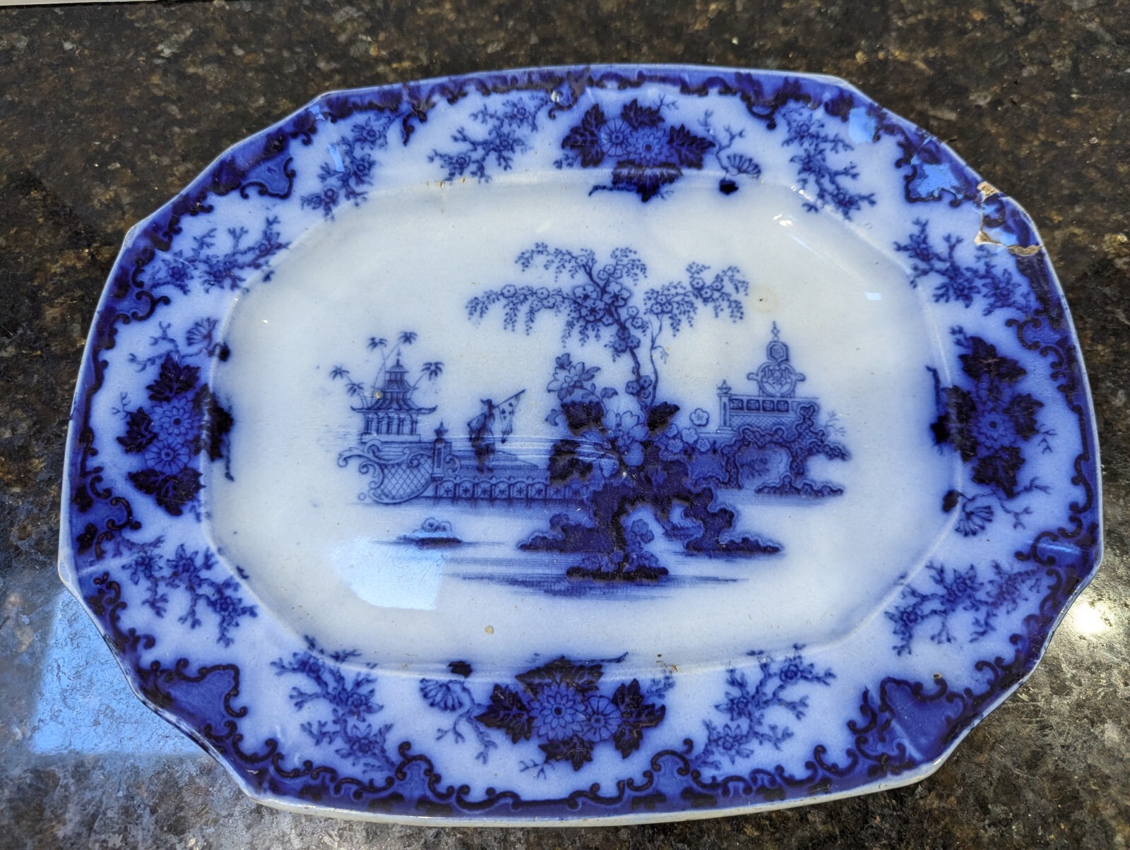 Antique Flow Blue Scinde Oriental Stone Platter 11″