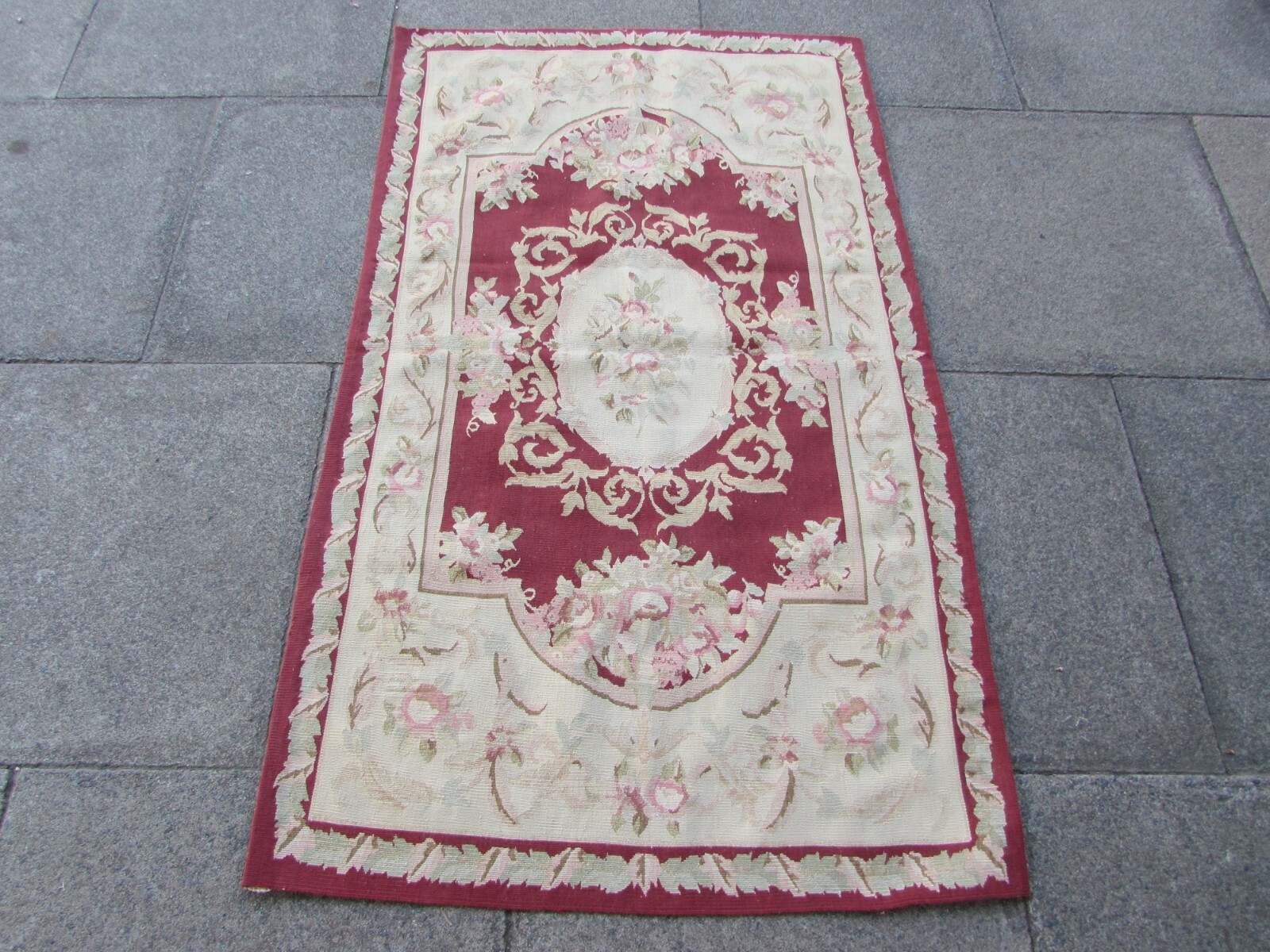 Vintage Hand Made French Design Wool Red Cream Original Small Aubusson 156X90cm