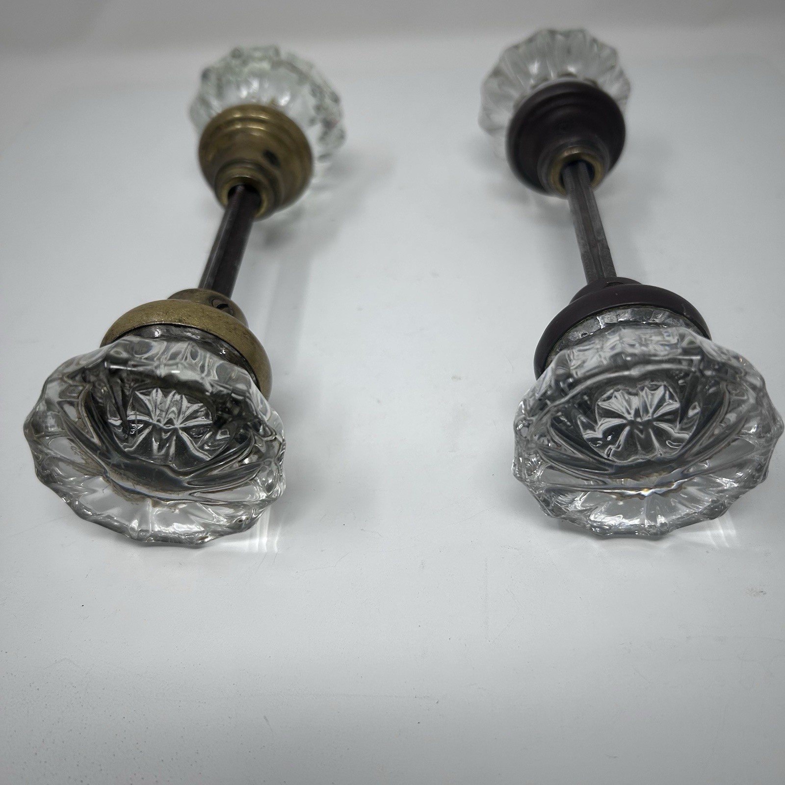 2 Vintage Glass Crystal Door Knobs With Spindle Hardware 12 Point Brass /Bronze