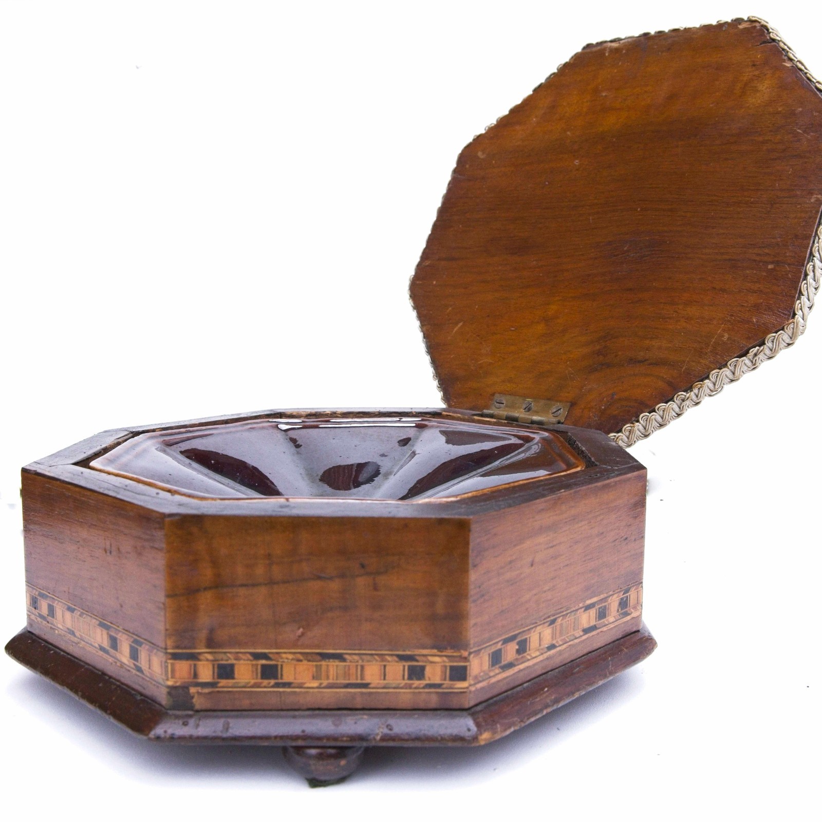 Ceramic Spittoon Edwardian Footstool in an octagonal marquetry lidded container.