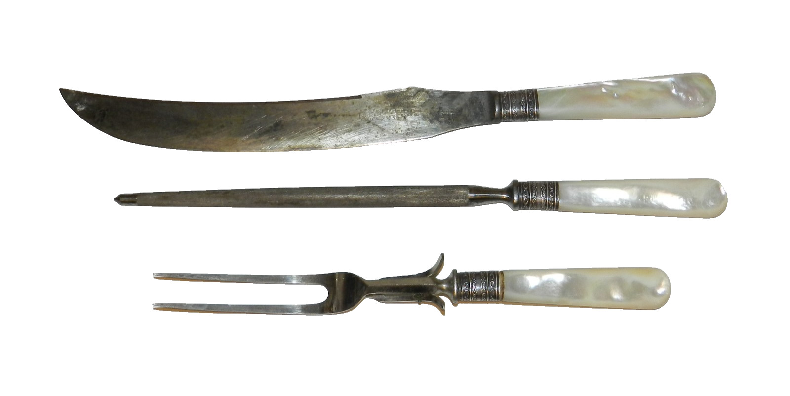 Vtg Sterling 3pc Roast Carving Set Mother Of Pearl Handle J.P.H. Co. Everkeen