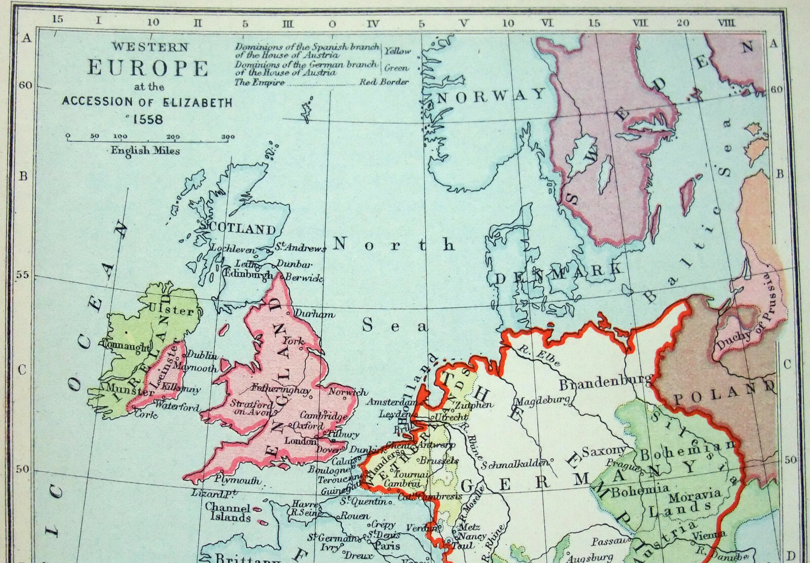Vintage Longmans Map of Western Europe in 1558 at the Accession of Elizabeth