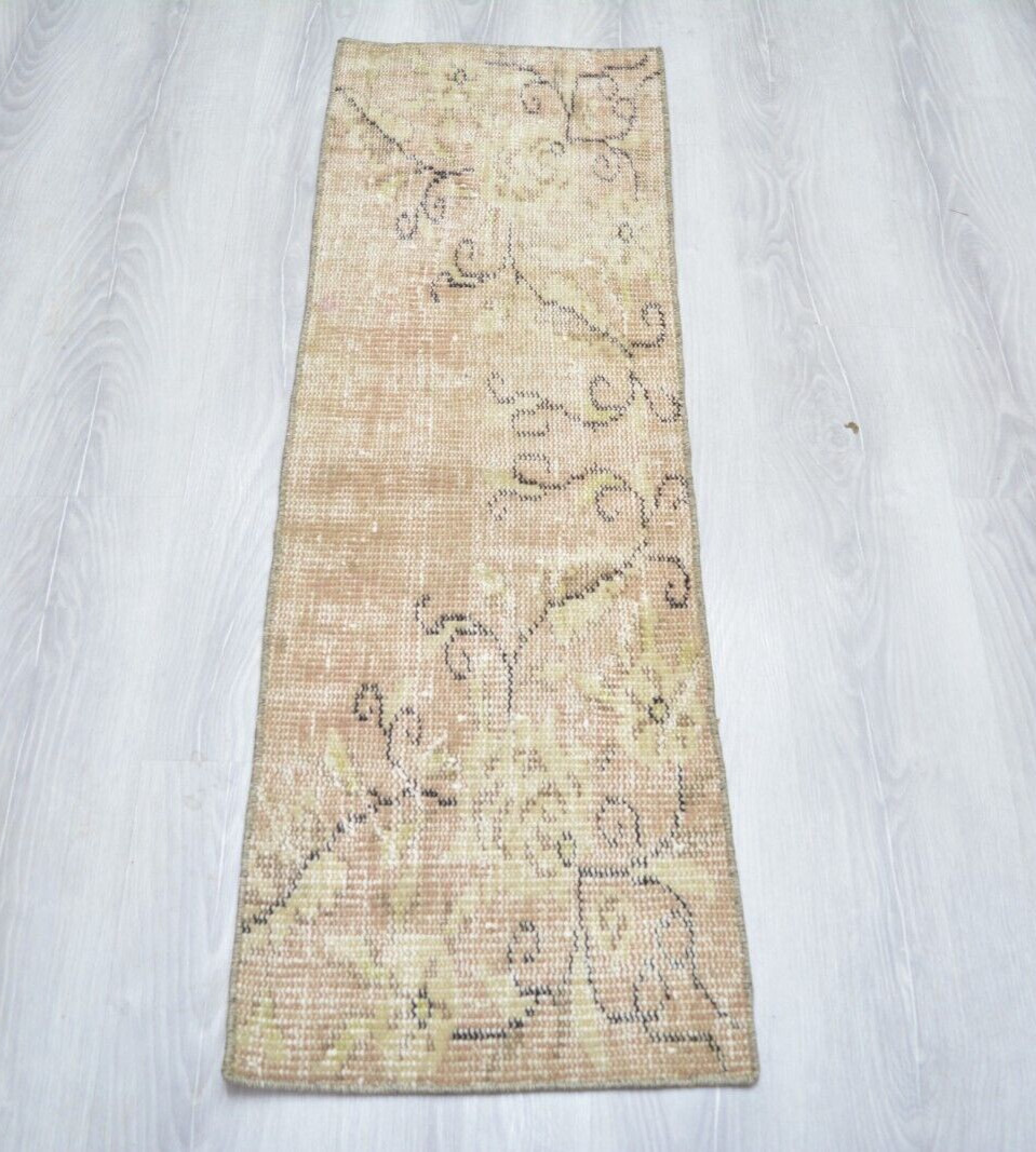 Beige Handmade Runner, 1.3×4.1ft, Small Antique Turkish Beige Entryway Runner,