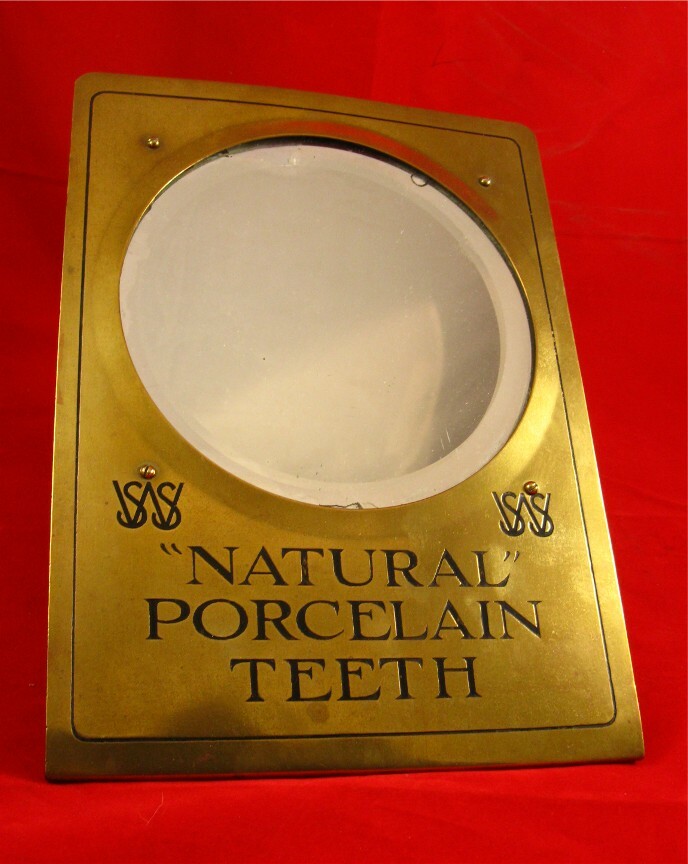 DENTAL PORCELAIN TEETH ADVERTISING MIRROR BRASS FRAME ORIGINAL VERY COLLECTIBLE
