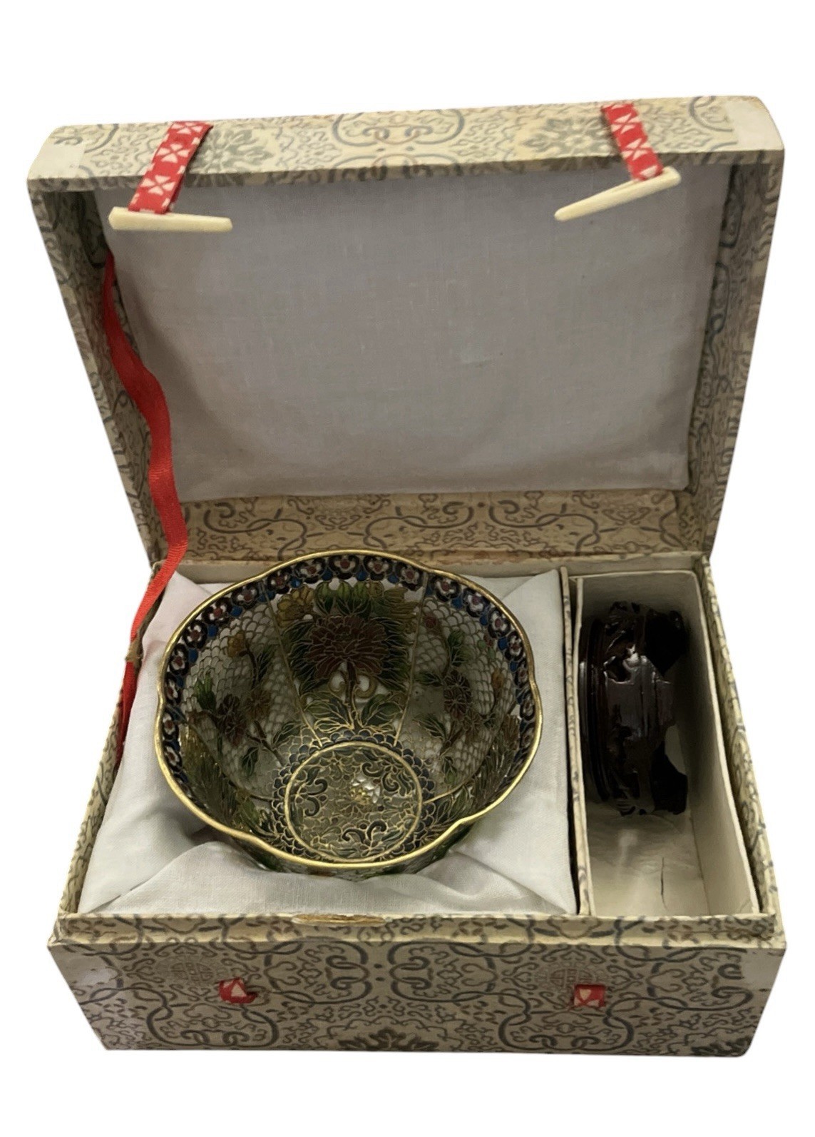 Vtg Chinese Cloisonne “Plique-a-Jour” Enamel Bowl 6″D × 3″H WITH WOODEN STAND