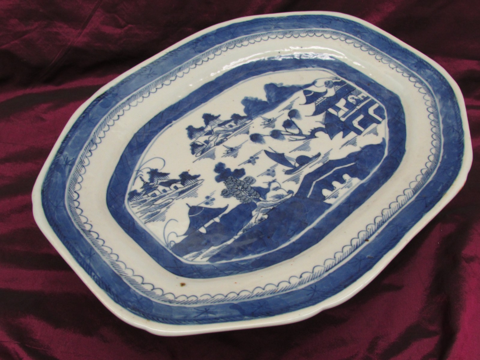 Antique Chinese CANTON porcelain blue and white deep platter 11.75″ x 9 1/8″ #2