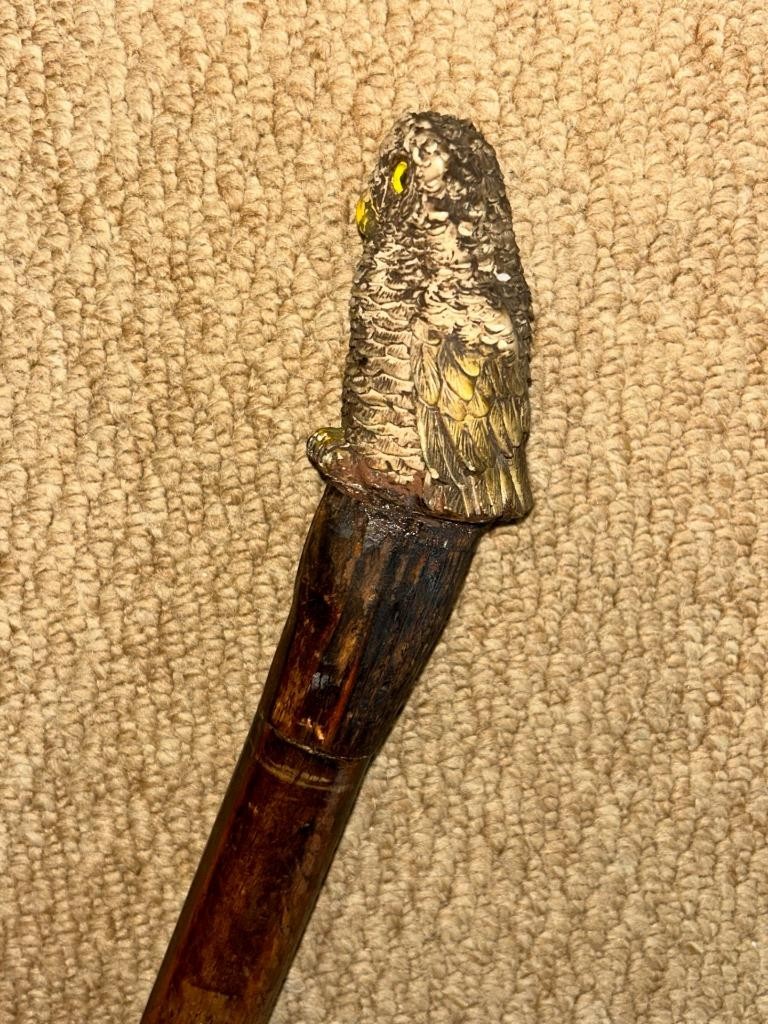 Vintage Rustic Walking Stick Cane – Intricate Resin Owl Top – Glass Eyes