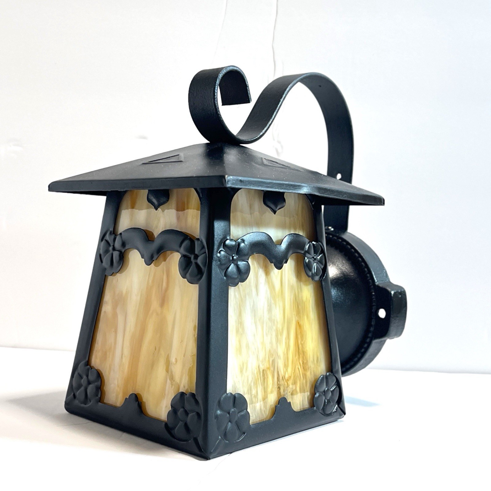 Vintage Mission Porch Light Stained Glass Cast Iron Steel 1920-1940s Restored!