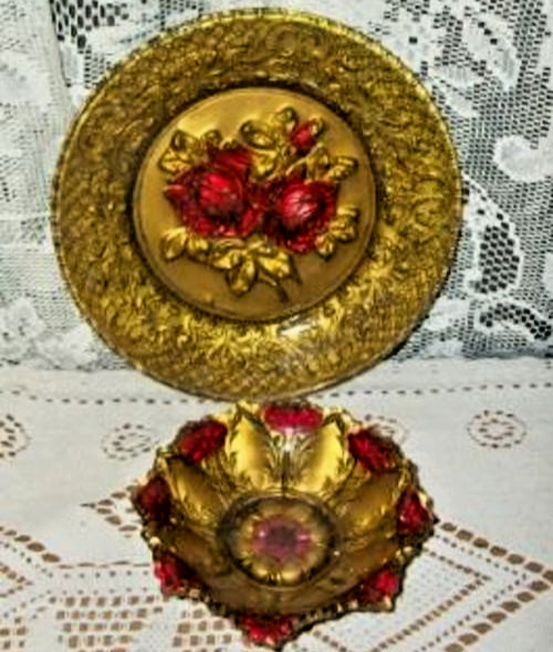 Antique Cottagecore Goofus Glass Plate Bowl Set Roses Starburst 1920s Stunning