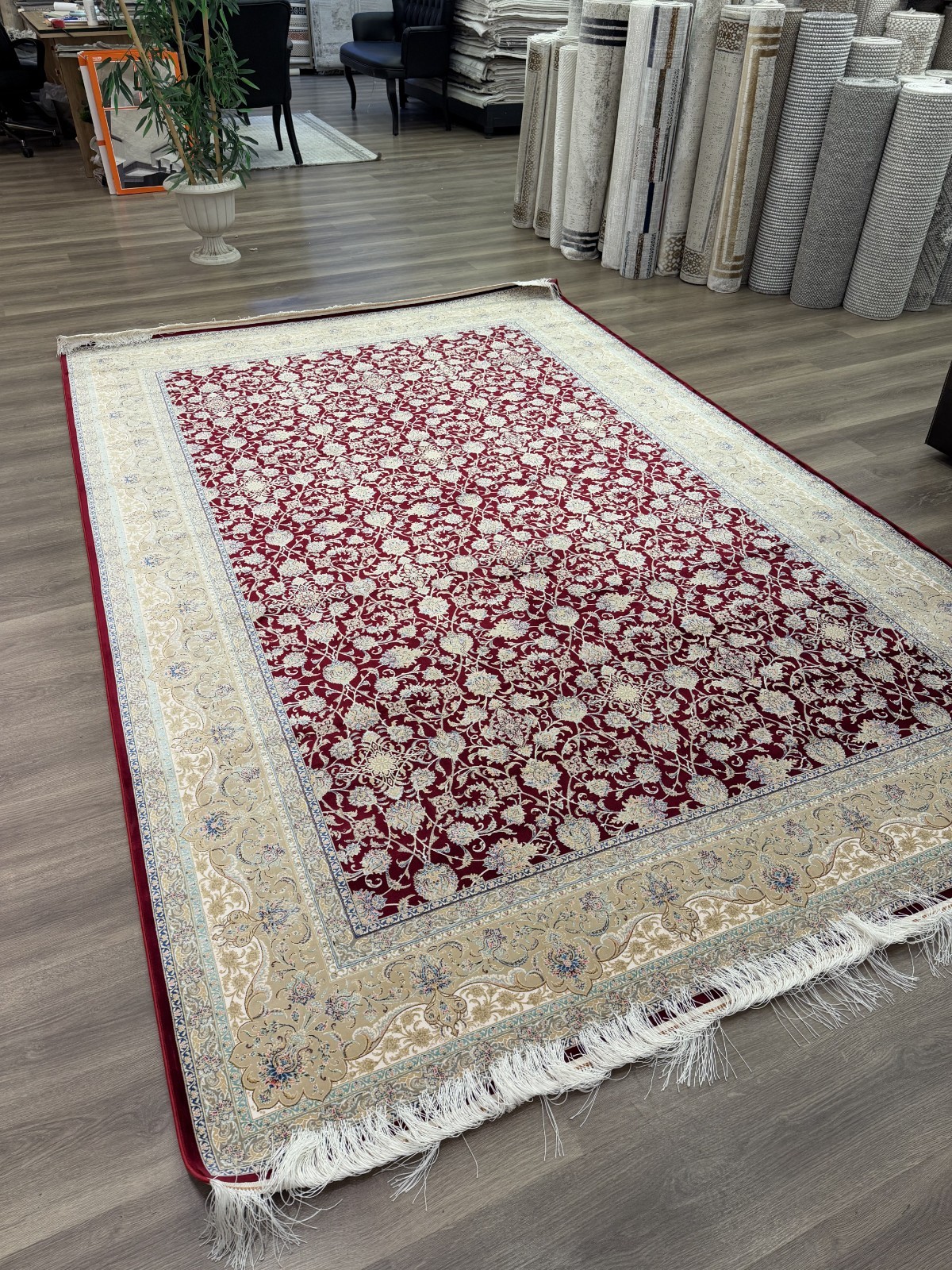 Brand New Turkish Silk Rug 7×10 ft Elegant Red Floral Hand Fringe Lux 7x10ft
