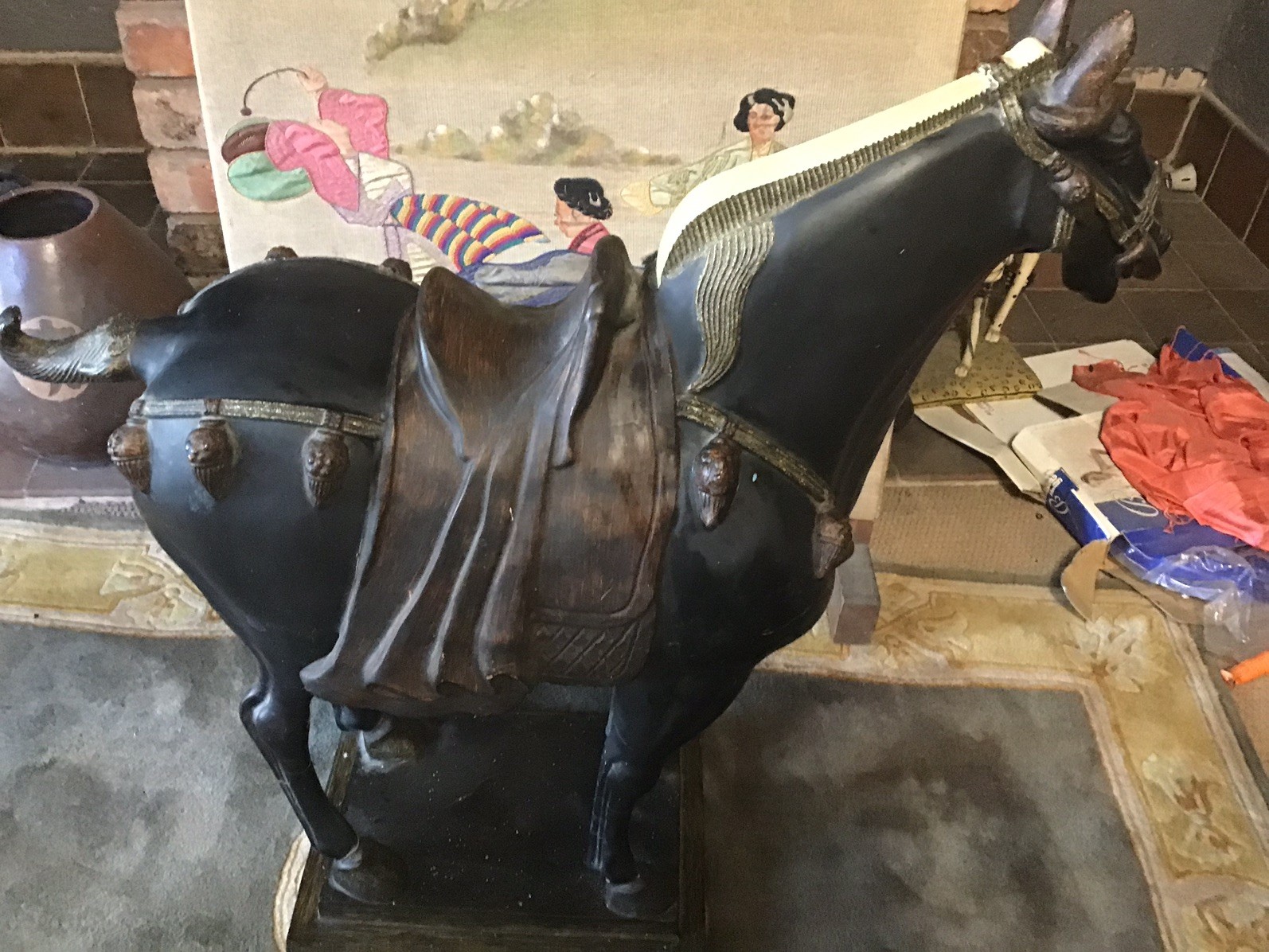 Vintage Chinese Tang Dynasty Style Horse Ornament (13 inch Tall) 25 inch wide
