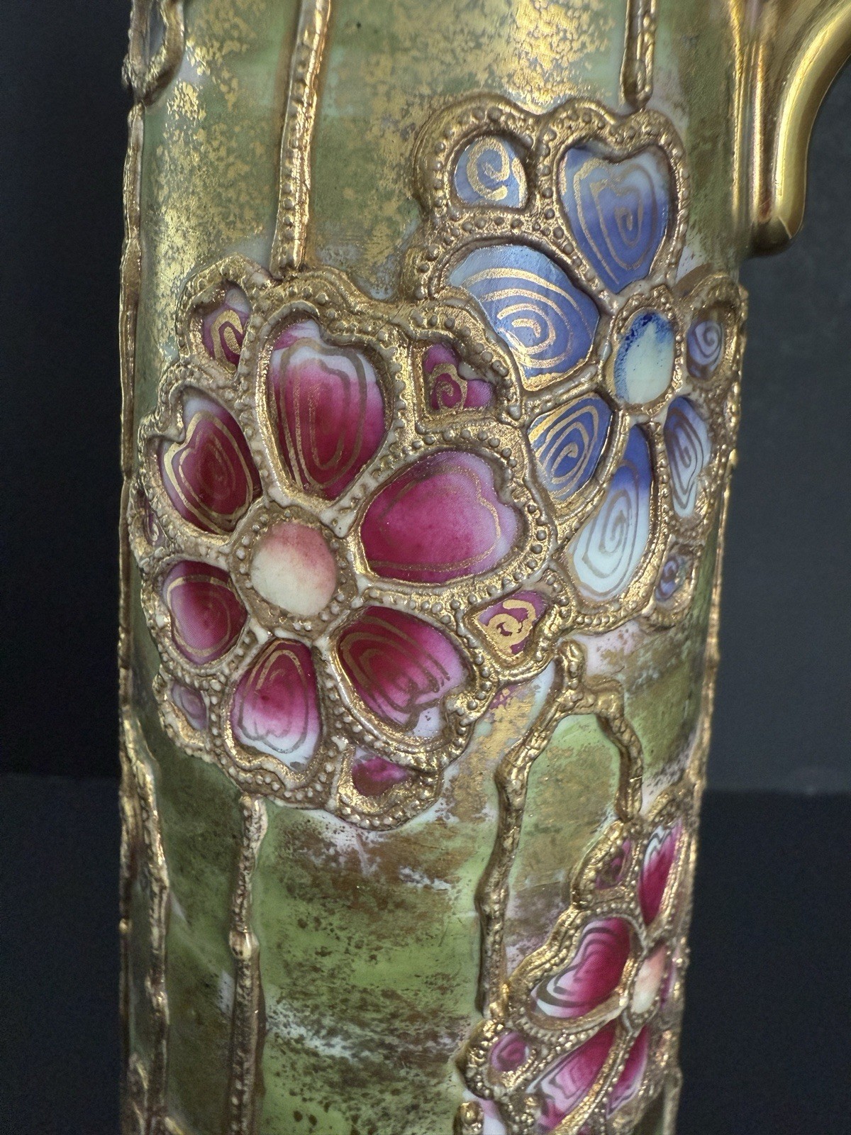 Rare Antique Nippon Hand Painted Raised Moriage Pitcher Vase Art Nouveau Style
