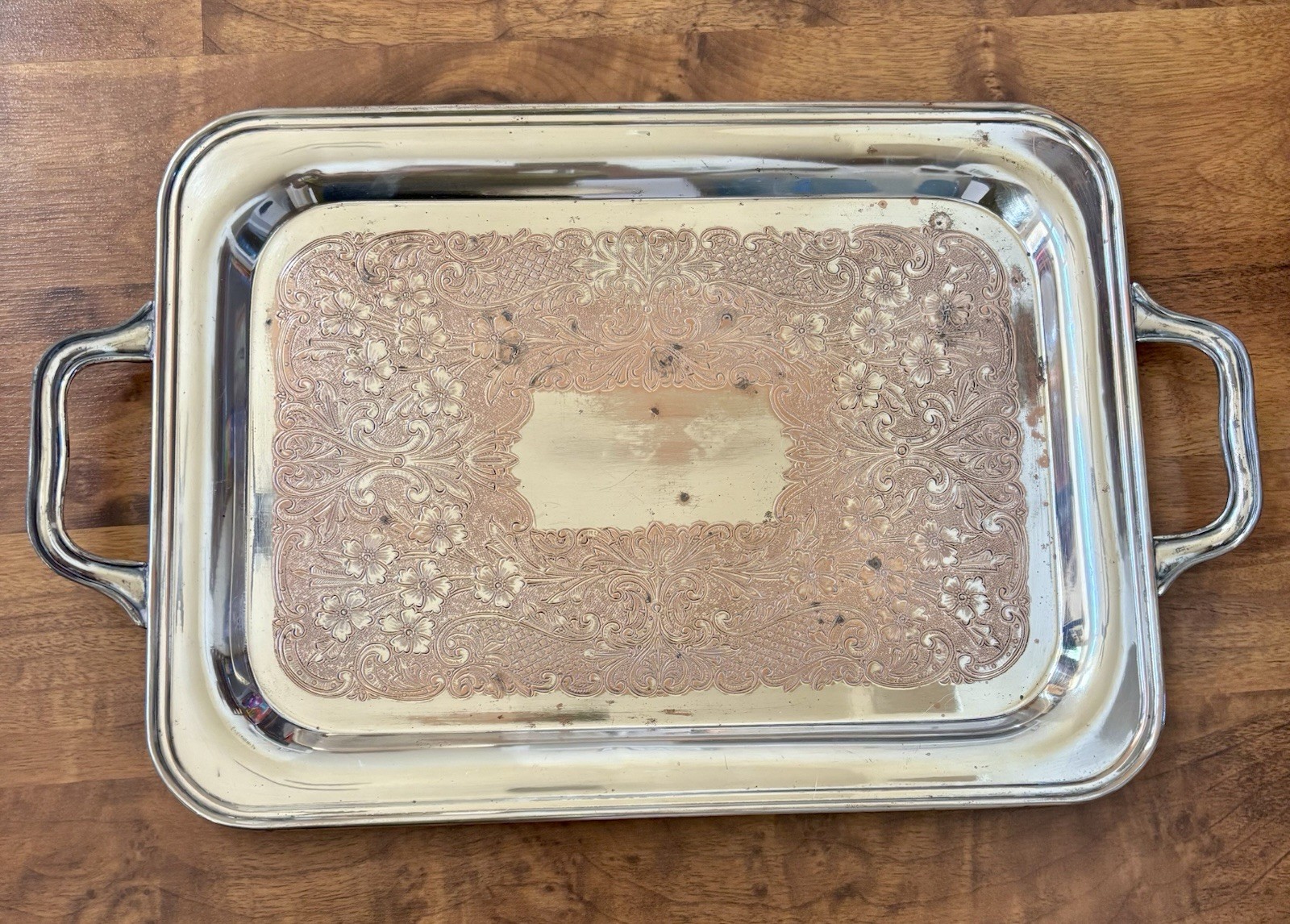 Vintage Gotham Silver on Copper Large Rectangular Serving Tray 11”x15” Floral
