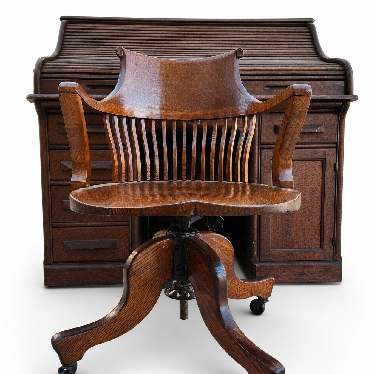 Antique Oak Roll Top Desk & Swivel Chair Set Mission Craftsman Executive Office