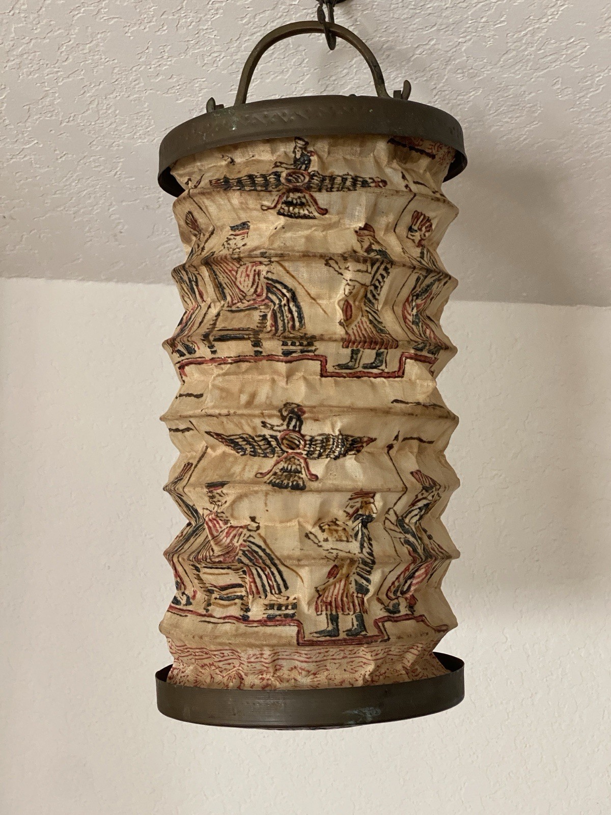 Rare Antique travel accordian candle lantern, fabric feature Egyptian motifs