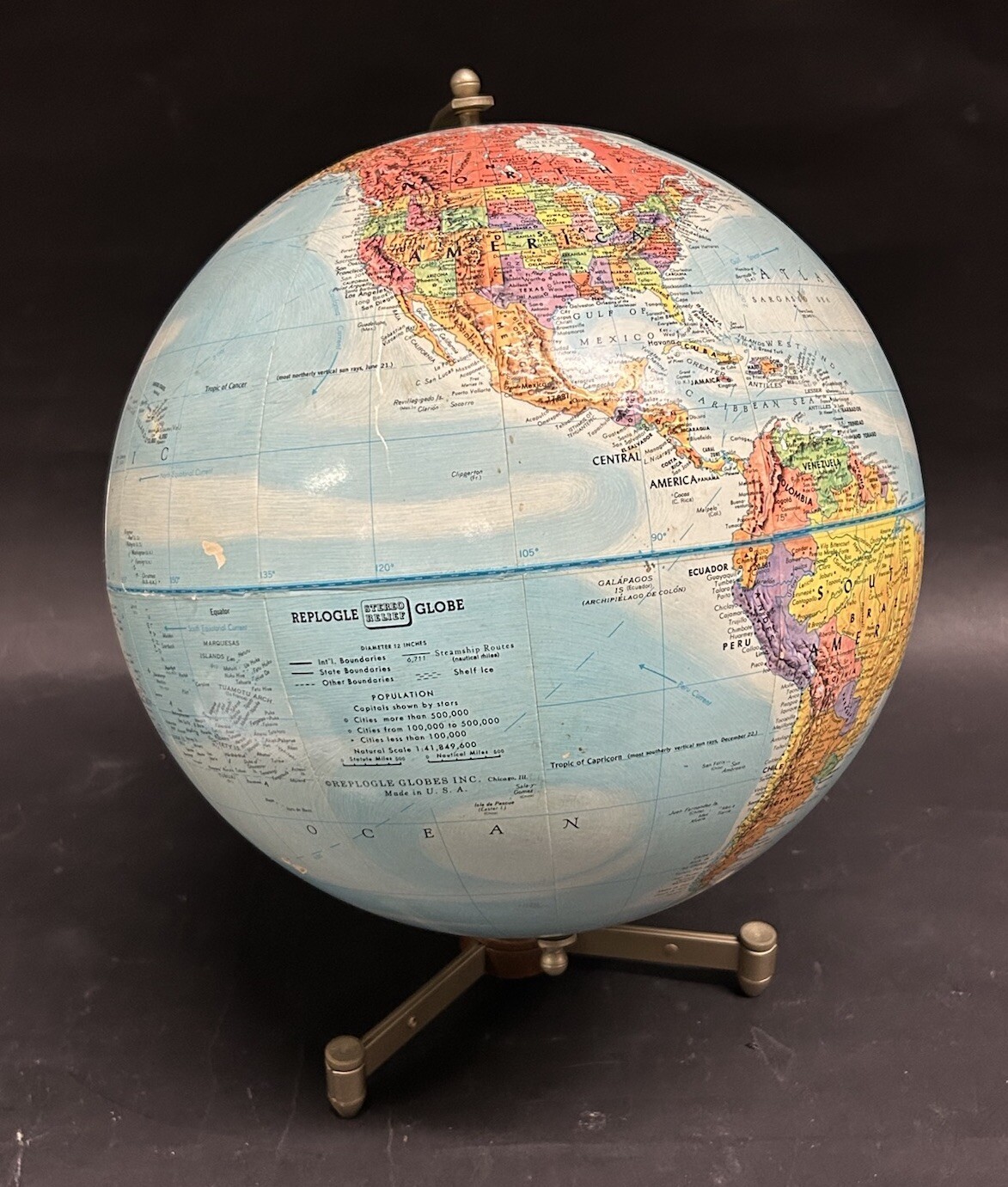 Vintage Replogle Stereo Relief Globe 12” With Tripod Stand