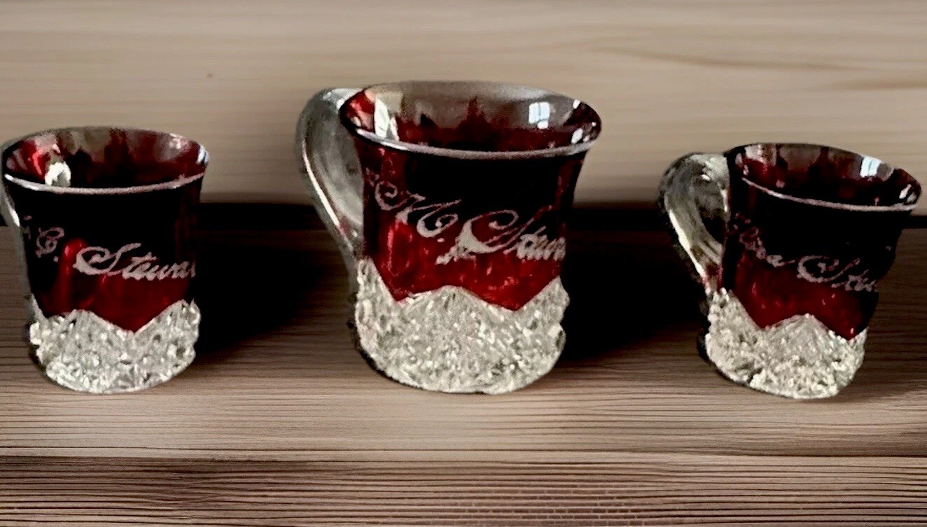 Antique 1912 Ruby Red Flash Glass Souvenir Mugs Set Of 3 Excellent Condition