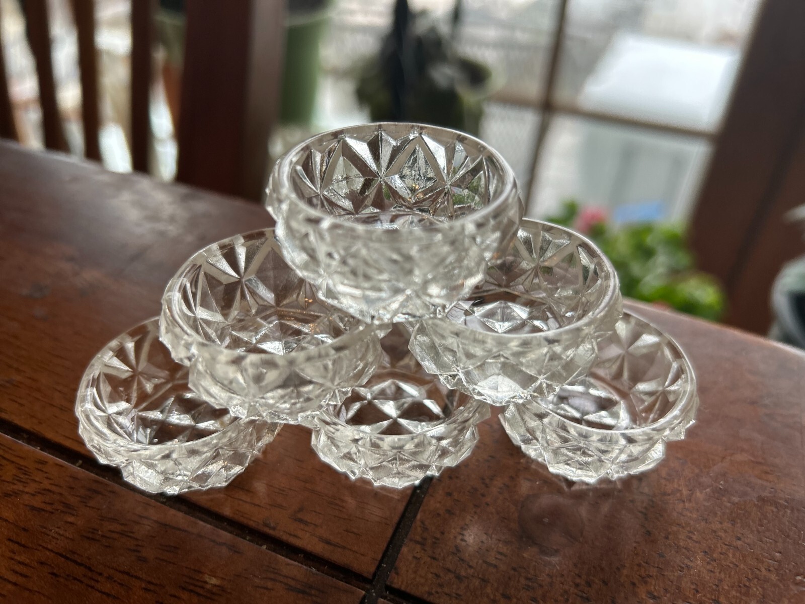 Antique Set of 6 Salt Cellars Dips Open Salt Dip Diamond Star Pattern 1.5″