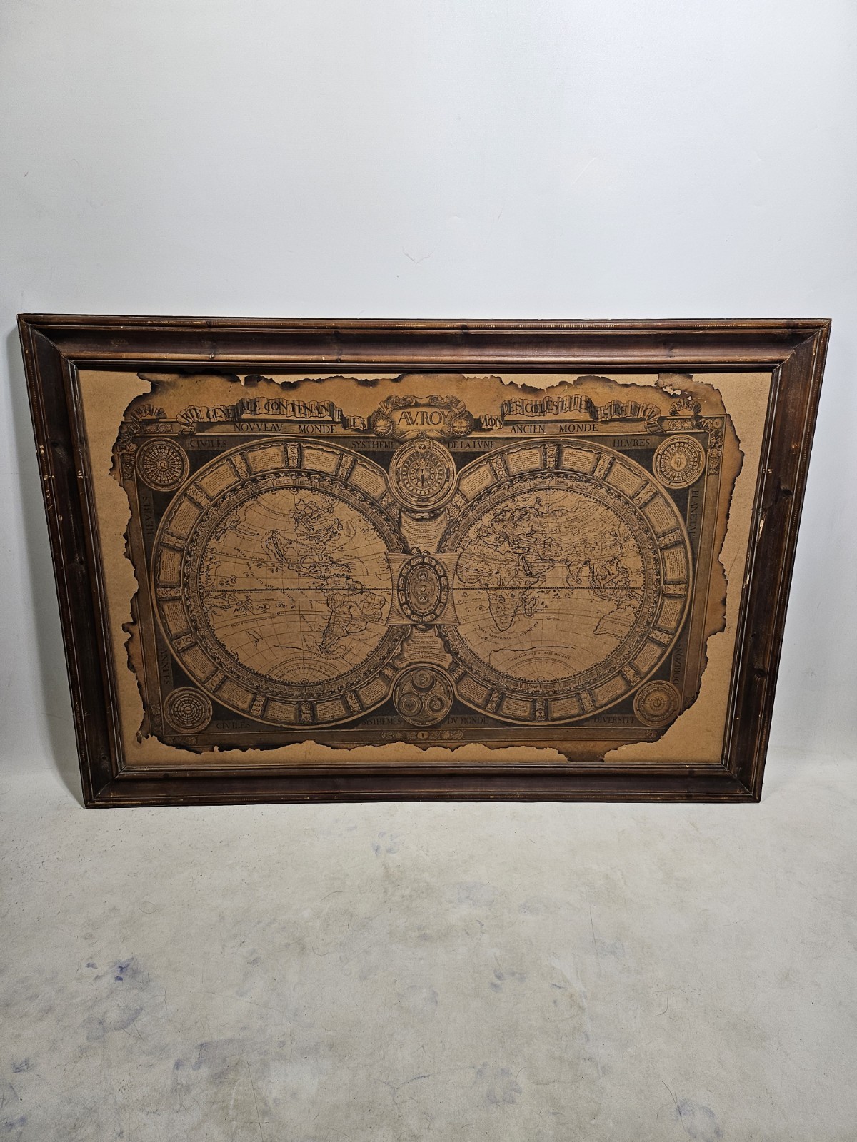 Antique Map With Burnt Edges On Manilla Board Wood Frame Lg 52″x36″