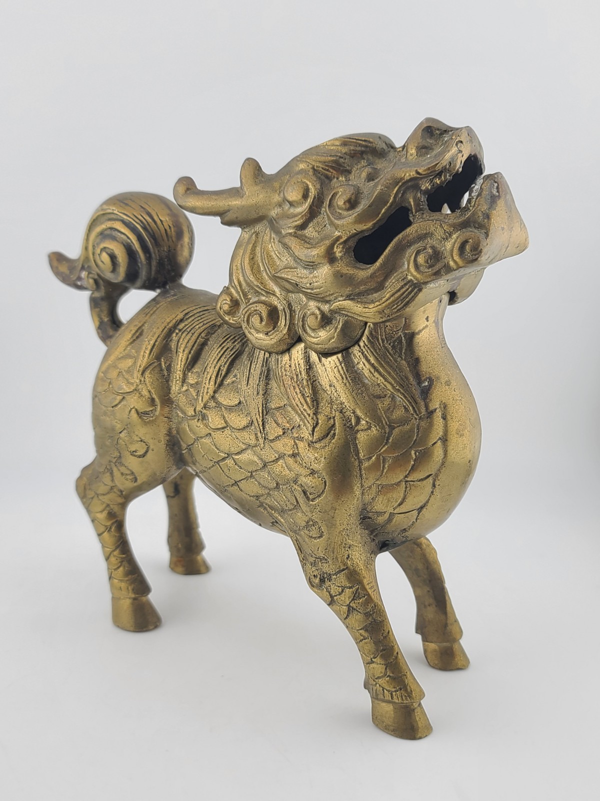 Chinese Brass Kirin Head Deer Feet Statue Incense Burner 6.5×2.25×6.5″ Antique