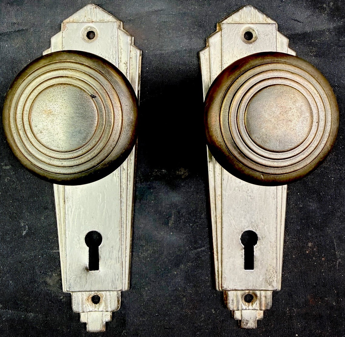 Brass Finish Deco Doorknob Set 1 of 6 Sets 1930s (also have sets w glass knobs)