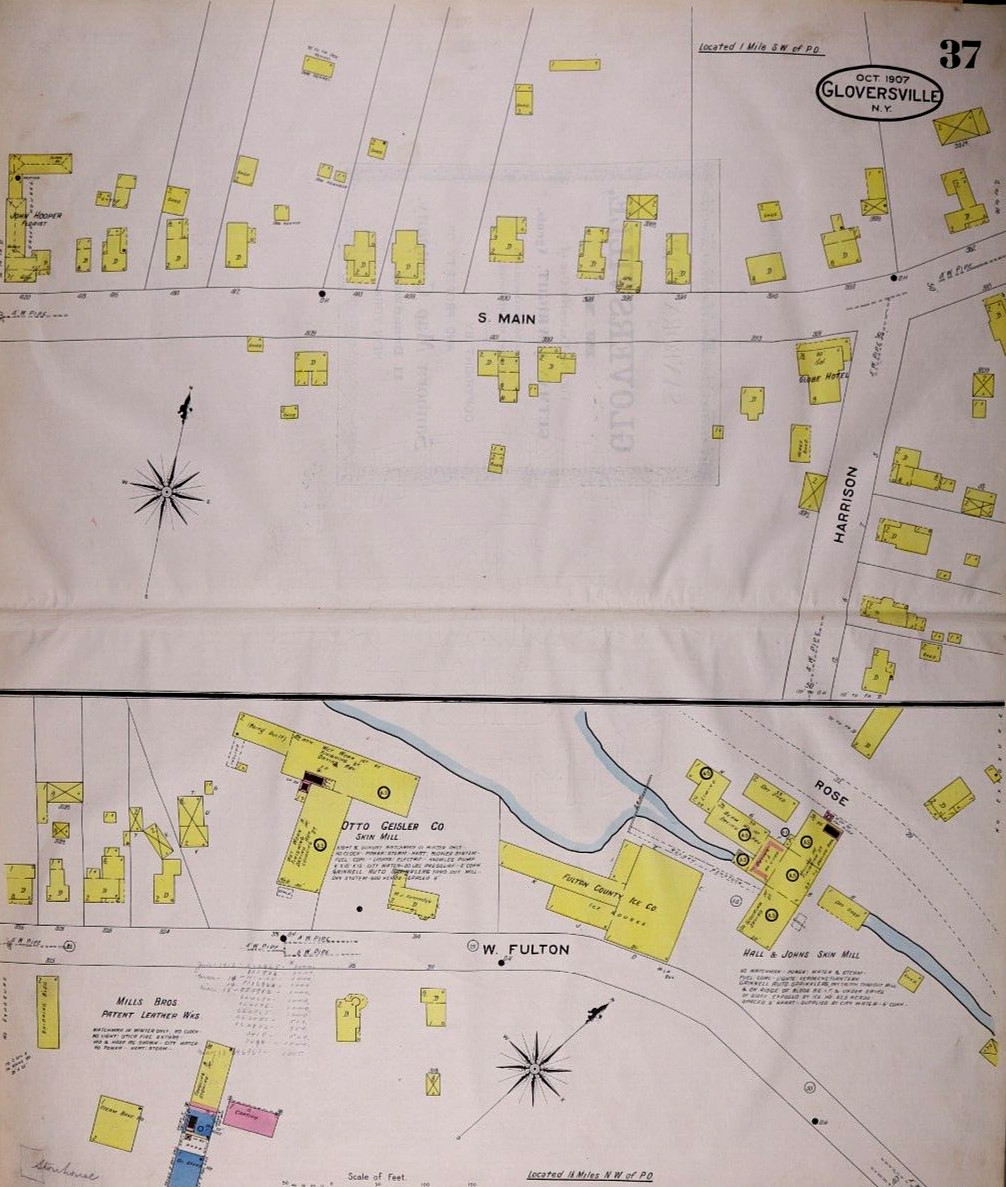 1907 Map, CITY of GLOVERSVILLE, NEW YORK ~ LOCAL TANNING MILLS (21×25)-#37