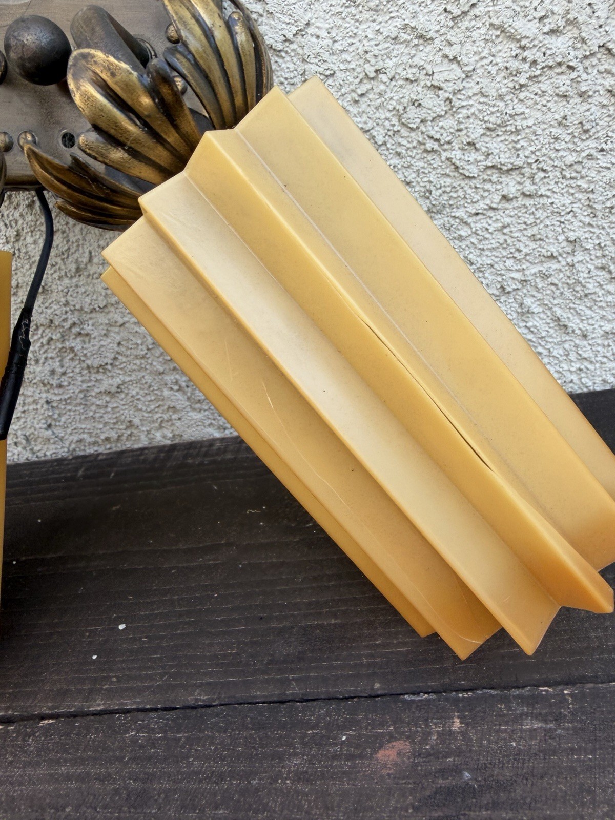 Pair Antique Vintage Art Deco Bras Ribbed Plastic Light Wall Sconces Lamps