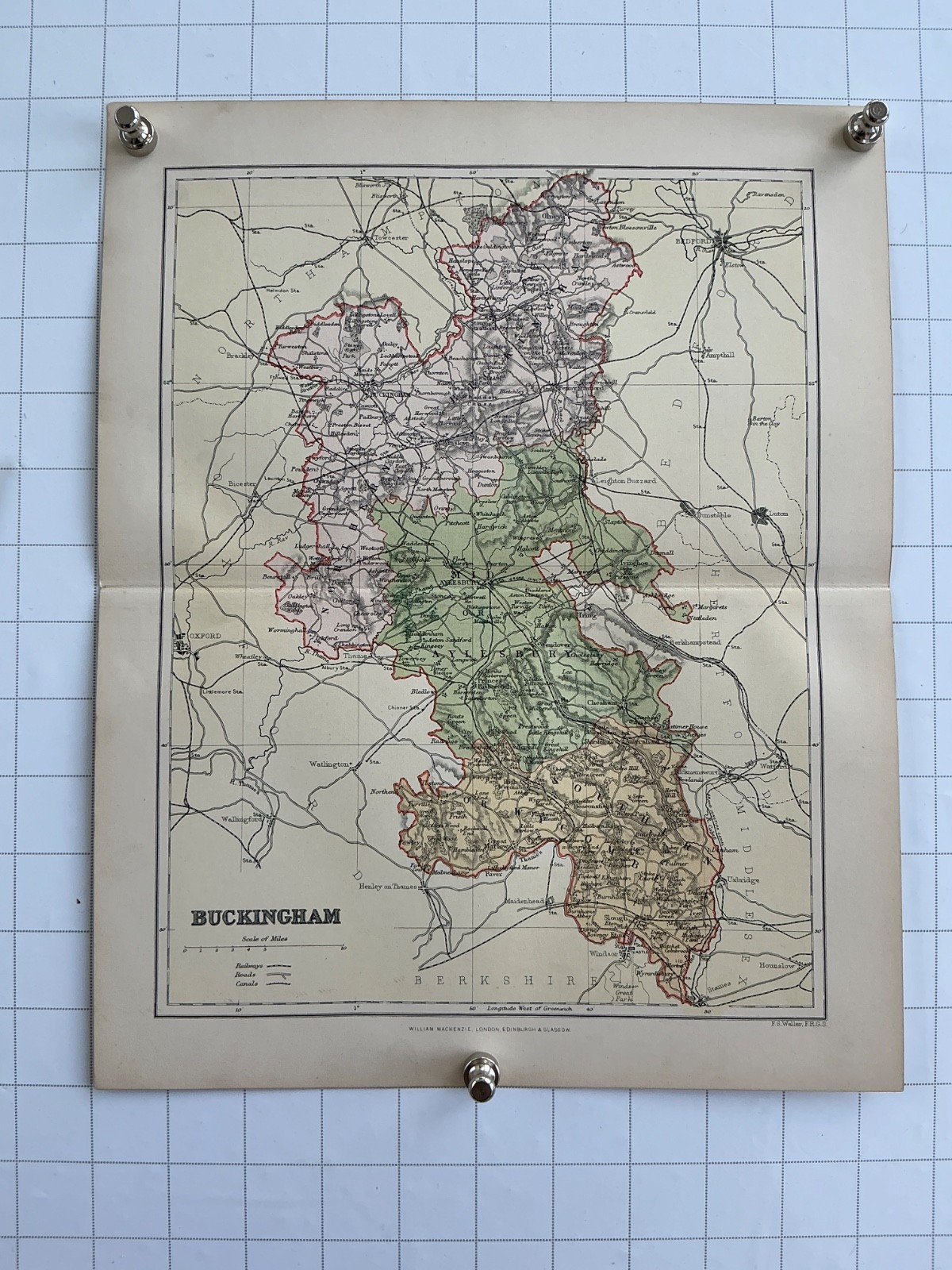 BUCKINGHAM- c1891 Original Antique County Map England Aylesbury Chesham Weller